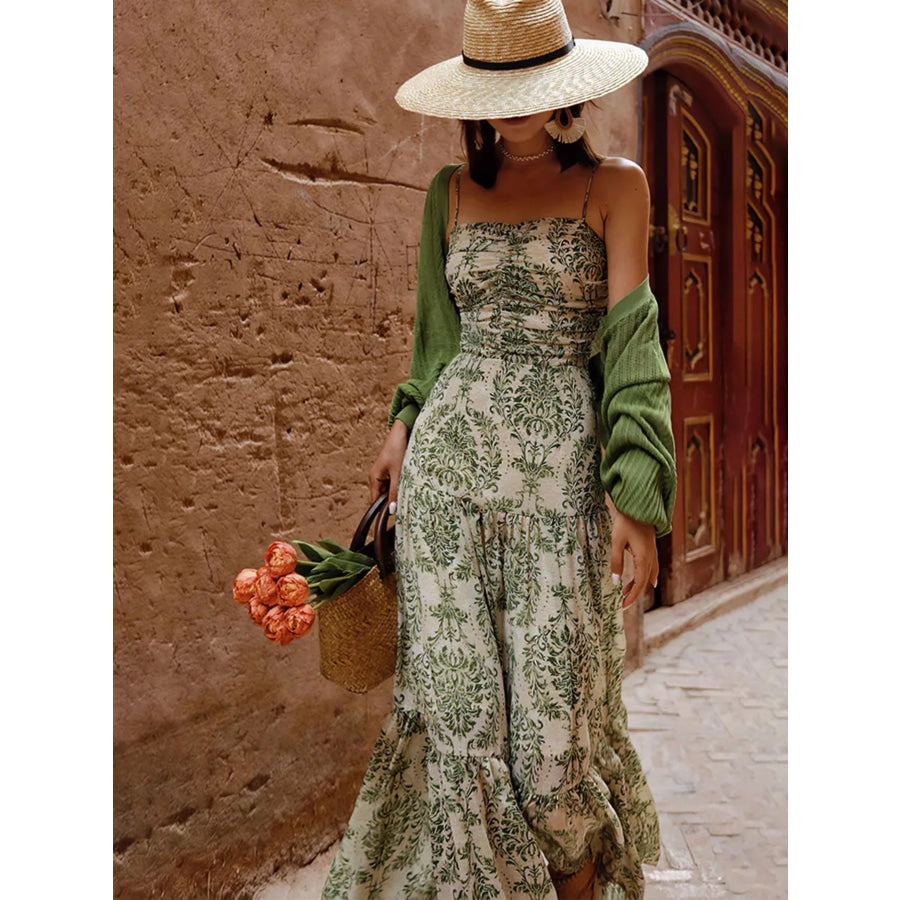 Cutout Back Printed Spaghetti Strap Tiered Maxi Dress Apparel and Accessories