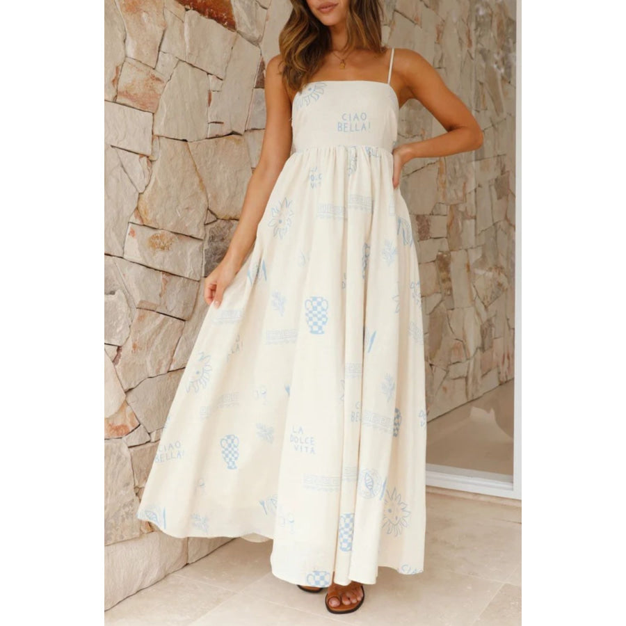 Cutout Back Printed Square Neck Maxi Dress Cream / S Apparel and Accessories