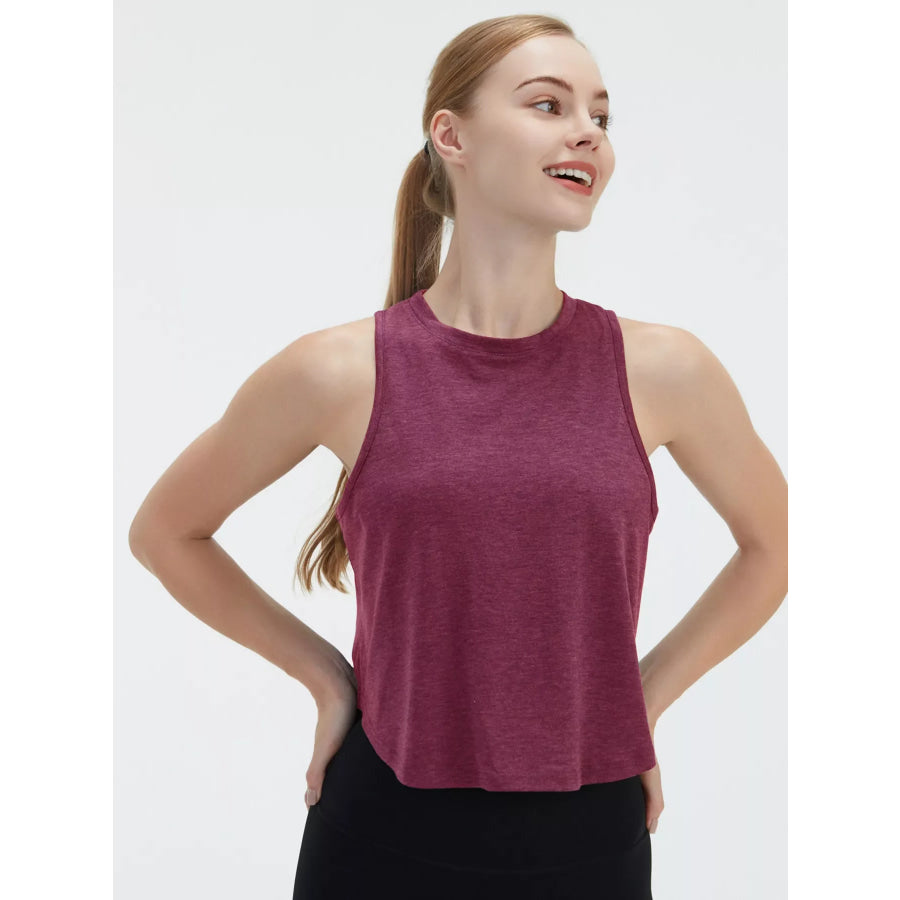 Cutout Back Round Neck Active Tank Burgundy / S Apparel and Accessories