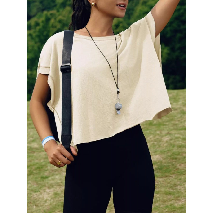 Cutout Back Short Sleeve T-Shirt Apricot / S Apparel and Accessories