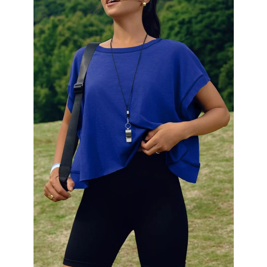 Cutout Back Short Sleeve T-Shirt Royal Blue / S Apparel and Accessories