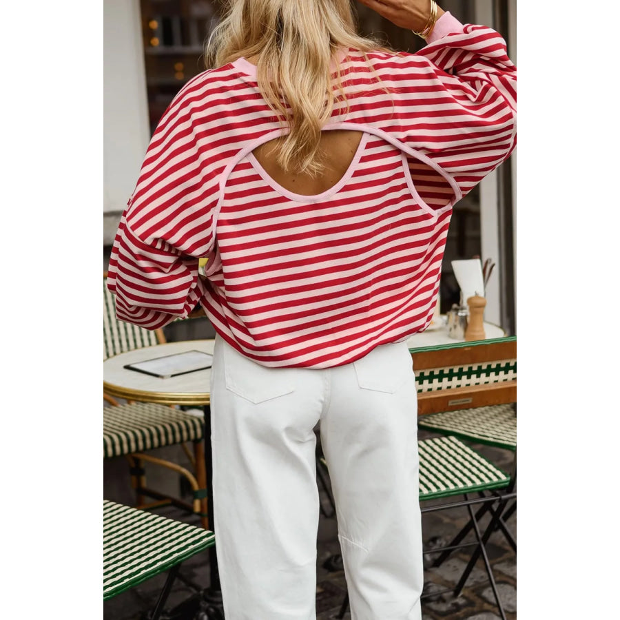 Cutout Back Striped Round Neck Sweatshirt Apparel and Accessories