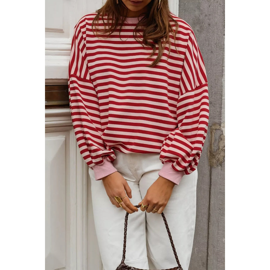 Cutout Back Striped Round Neck Sweatshirt Apparel and Accessories