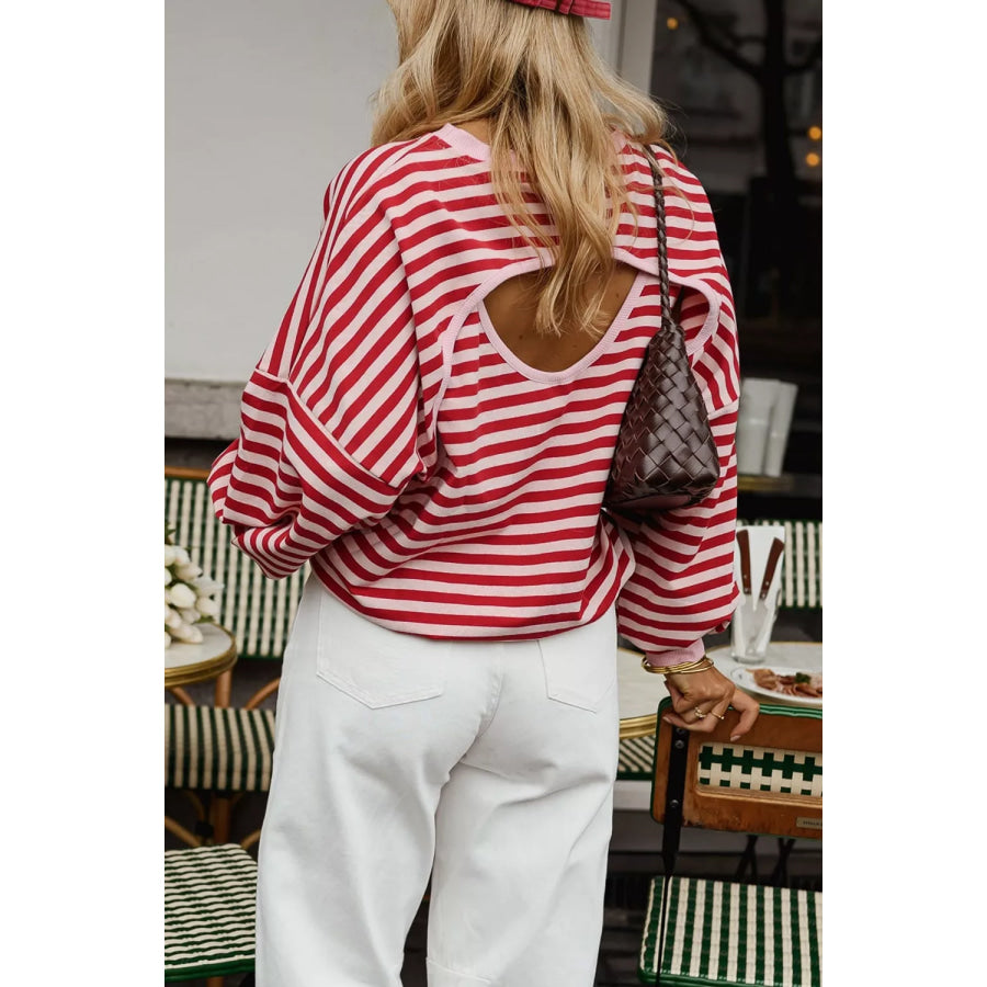 Cutout Back Striped Round Neck Sweatshirt Apparel and Accessories