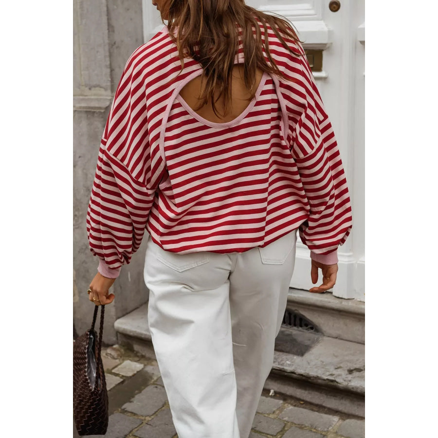 Cutout Back Striped Round Neck Sweatshirt Apparel and Accessories