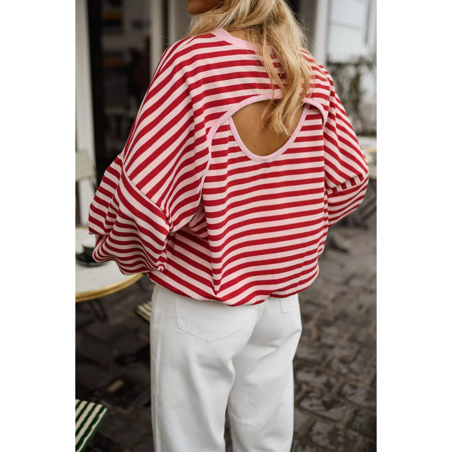 Cutout Back Striped Round Neck Sweatshirt Stripe / S Apparel and Accessories