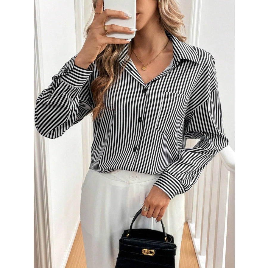 Cutout Bow Back Striped Collared Neck Long Sleeve Shirt Apparel and Accessories