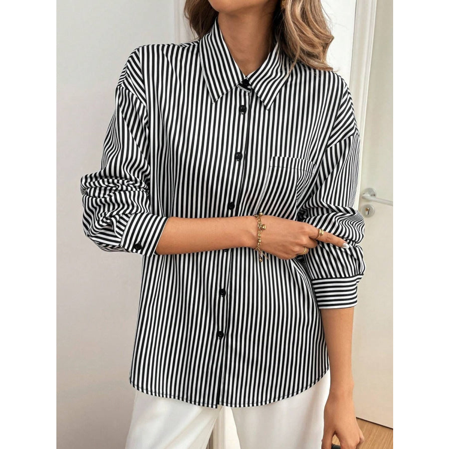 Cutout Bow Back Striped Collared Neck Long Sleeve Shirt Apparel and Accessories