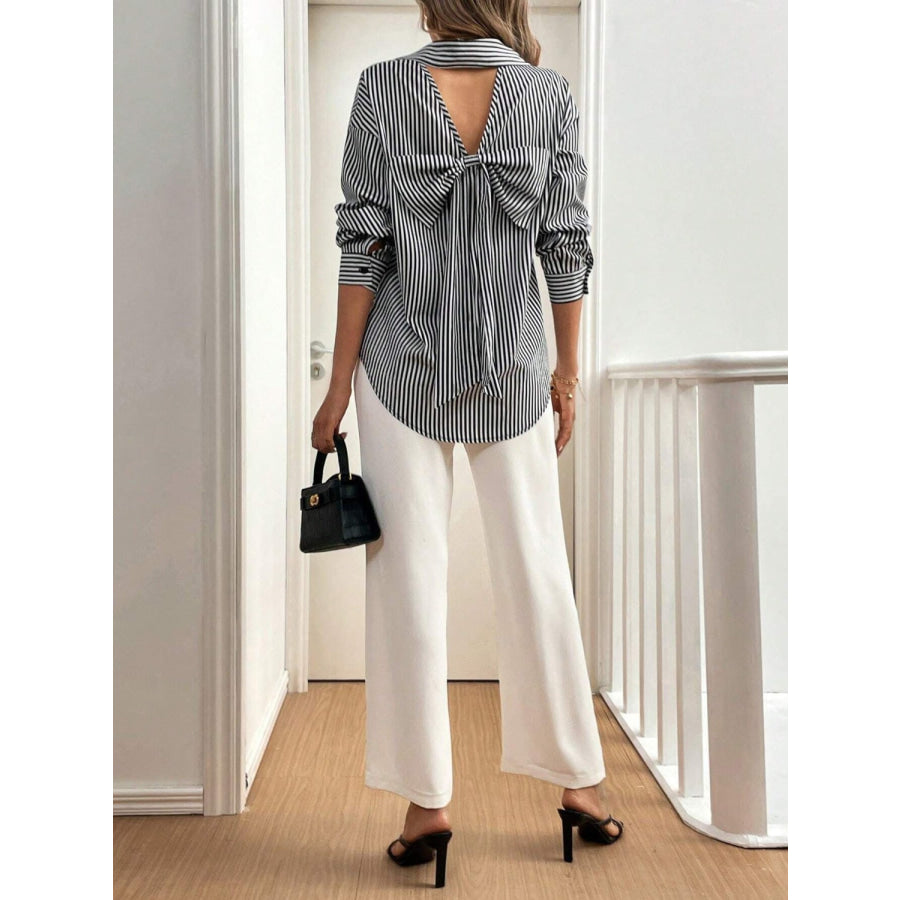 Cutout Bow Back Striped Collared Neck Long Sleeve Shirt Apparel and Accessories