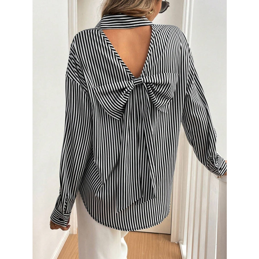 Cutout Bow Back Striped Collared Neck Long Sleeve Shirt Apparel and Accessories