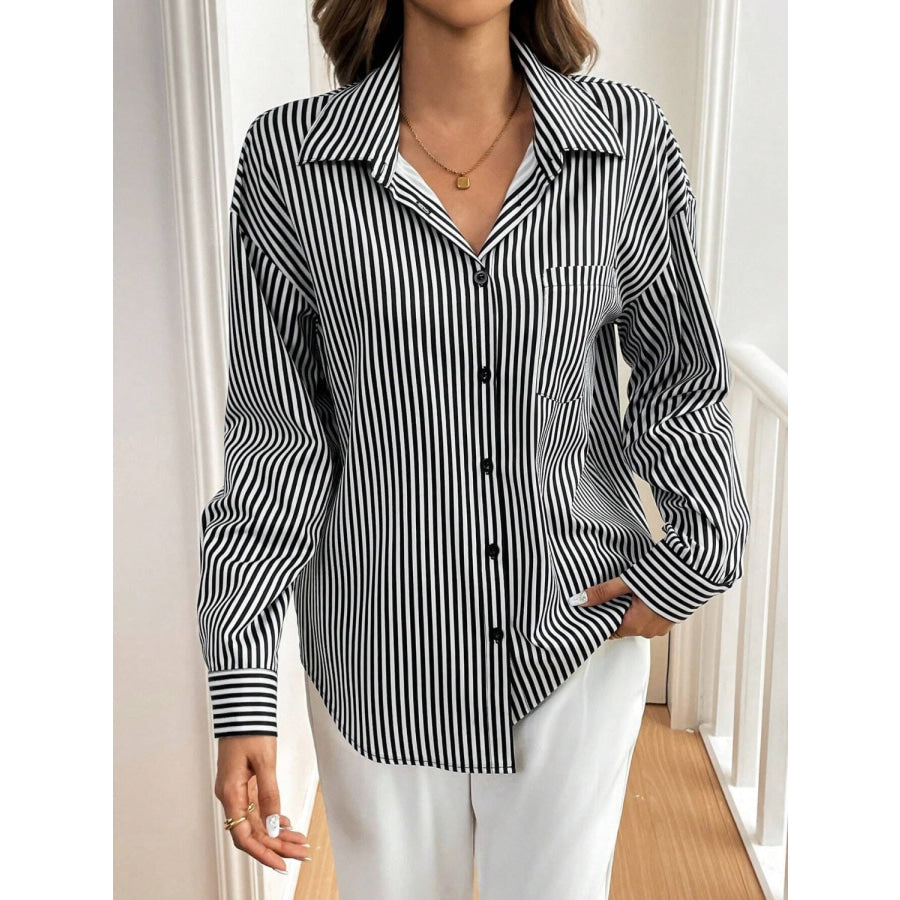 Cutout Bow Back Striped Collared Neck Long Sleeve Shirt Apparel and Accessories