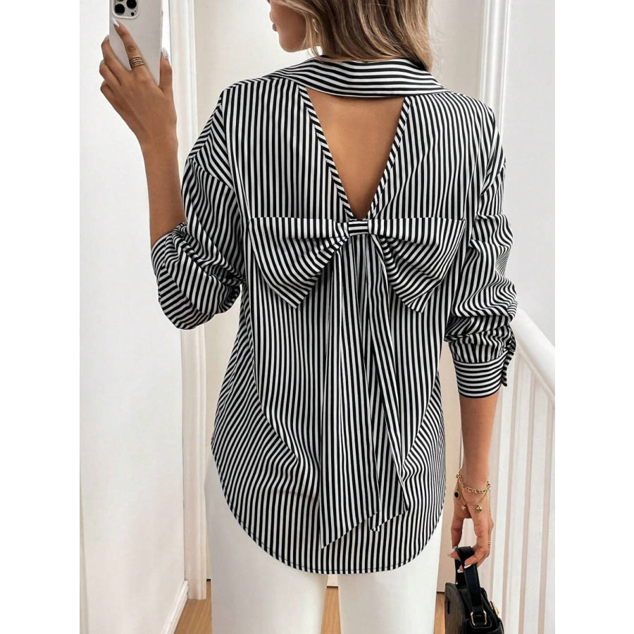 Cutout Bow Back Striped Collared Neck Long Sleeve Shirt Black / S Apparel and Accessories