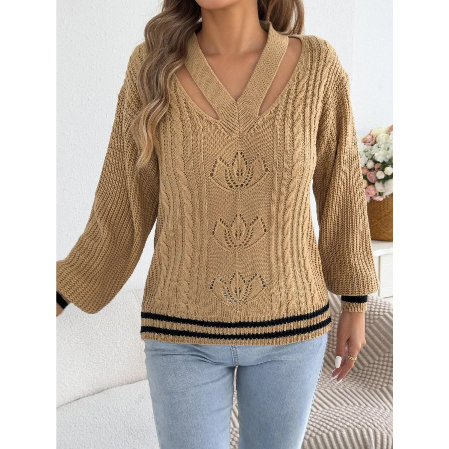 Cutout Cable Knit Sweater Camel / S Apparel and Accessories
