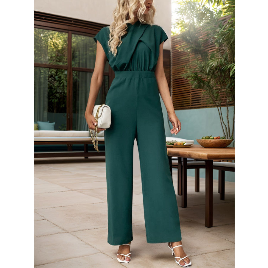 Cutout Cap Sleeve Wide Leg Jumpsuit Dark Green / S Apparel and Accessories