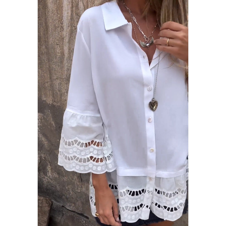 Cutout Collared Neck Three-Quarter Sleeve Shirt White / S Apparel and Accessories