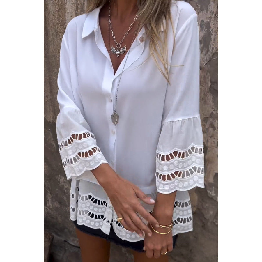 Cutout Collared Neck Three-Quarter Sleeve Shirt White / S Apparel and Accessories