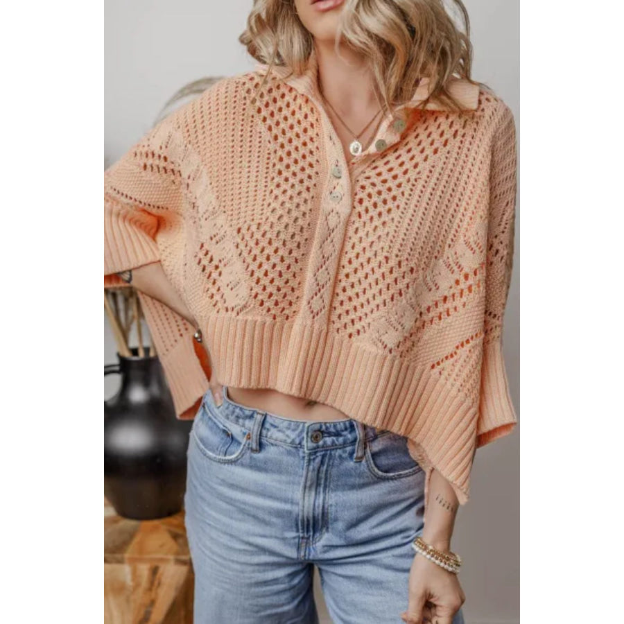 Cutout Collared Neck Three-Quarter Sleeve Sweater Apricot / S Apparel and Accessories