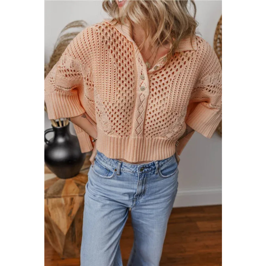 Cutout Collared Neck Three-Quarter Sleeve Sweater Apparel and Accessories