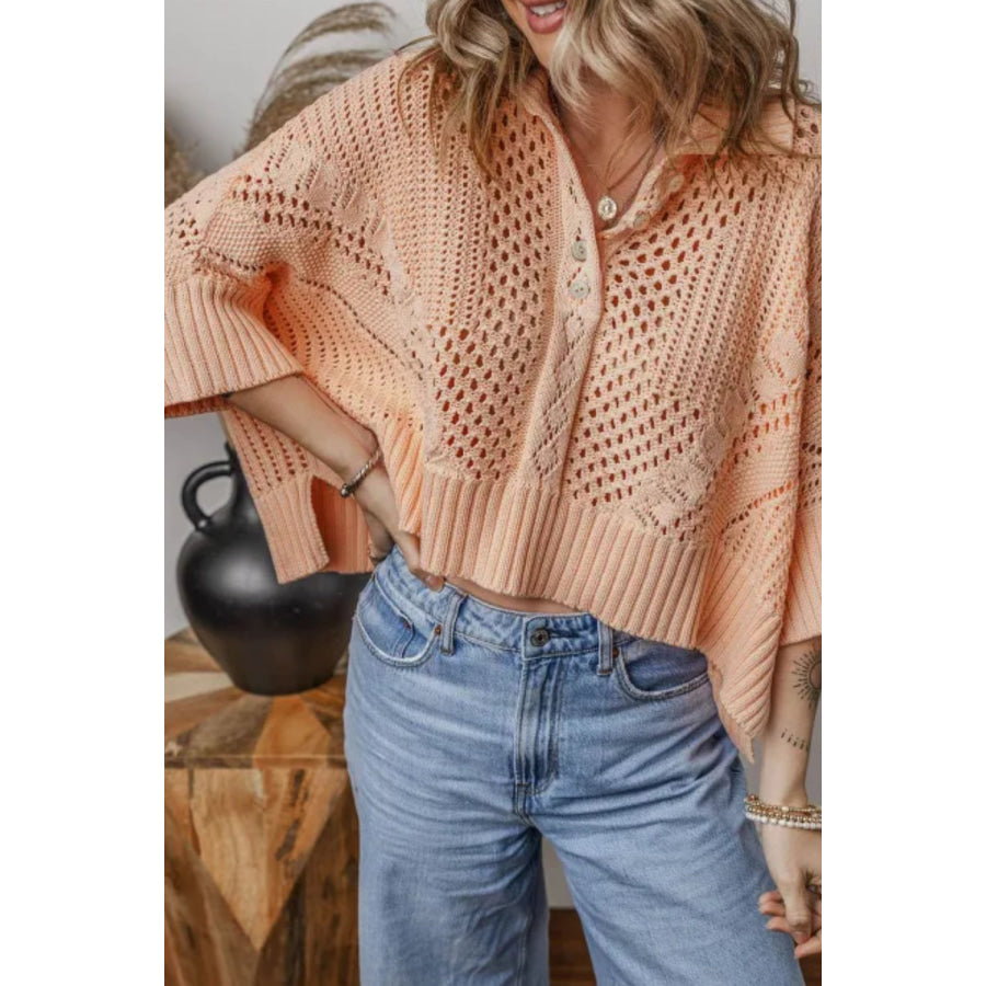 Cutout Collared Neck Three-Quarter Sleeve Sweater Apricot / S Apparel and Accessories