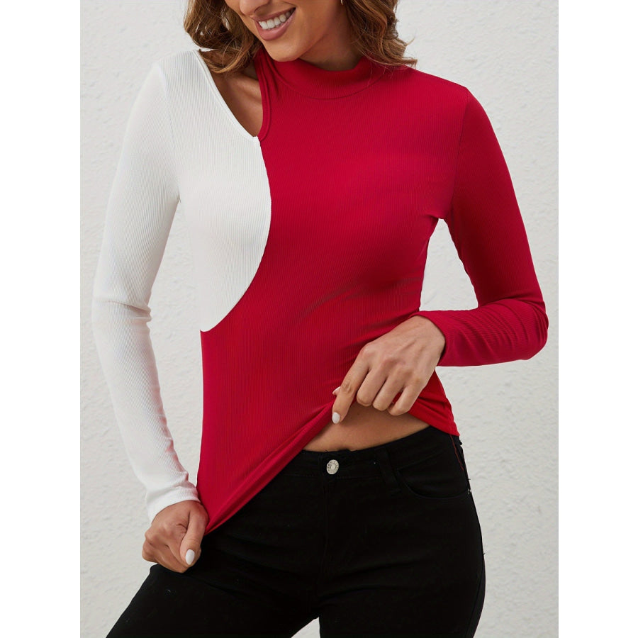 Cutout Contrast Mock Neck Long Sleeve T-Shirt Apparel and Accessories