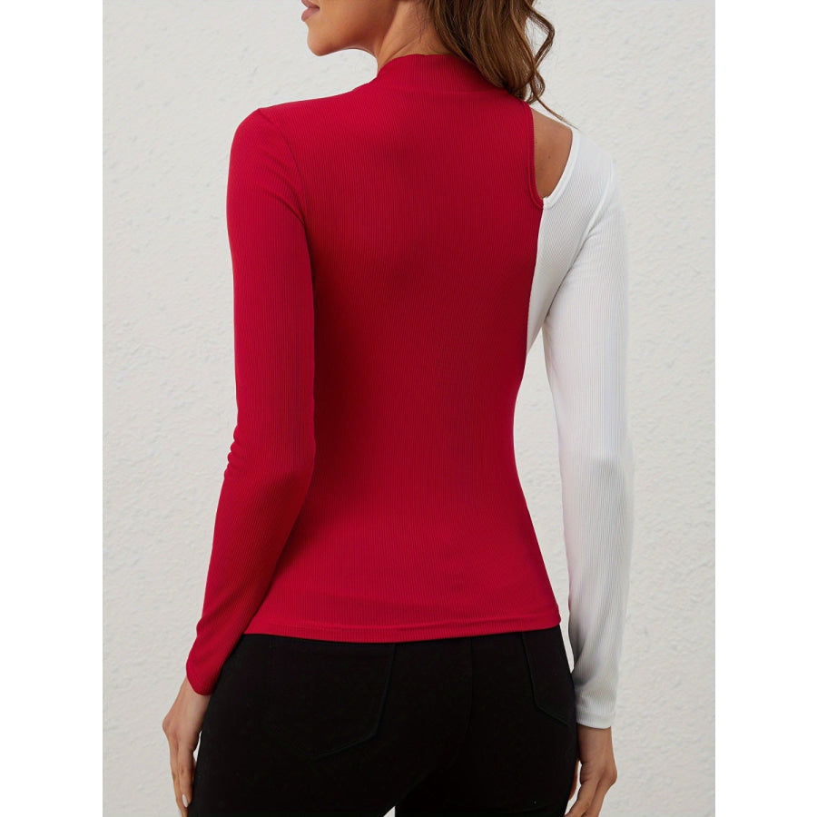 Cutout Contrast Mock Neck Long Sleeve T-Shirt Apparel and Accessories