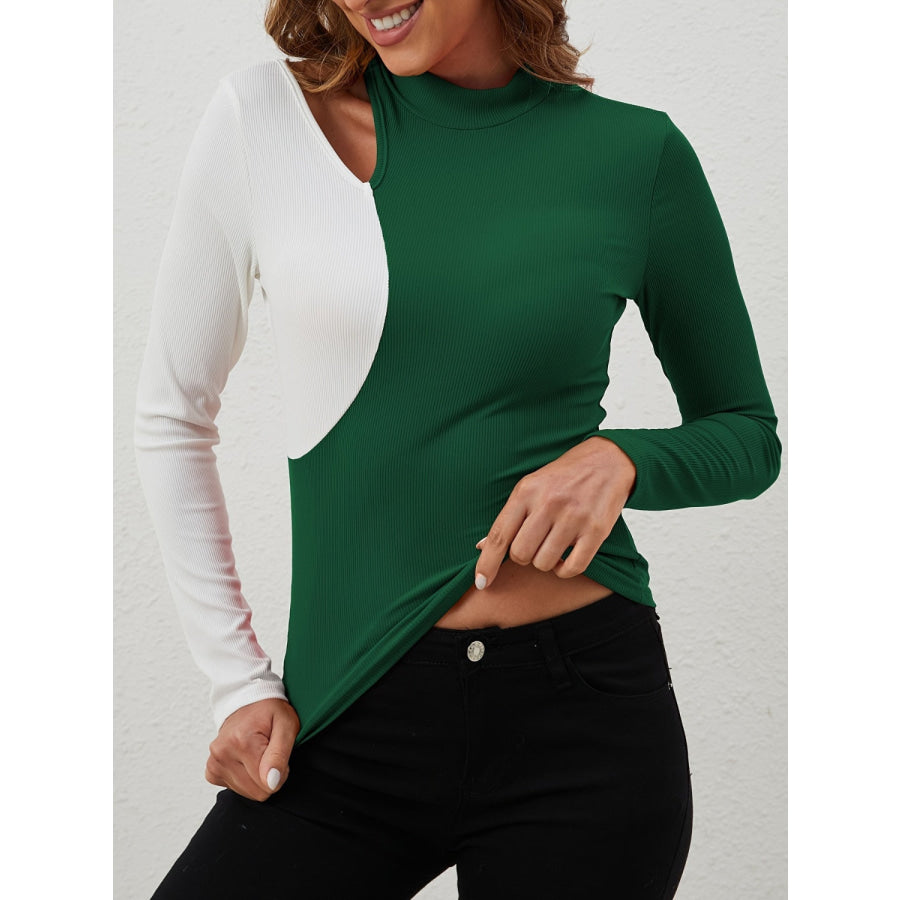 Cutout Contrast Mock Neck Long Sleeve T-Shirt Apparel and Accessories