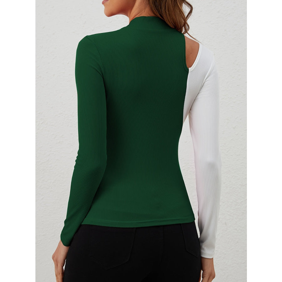 Cutout Contrast Mock Neck Long Sleeve T-Shirt Apparel and Accessories