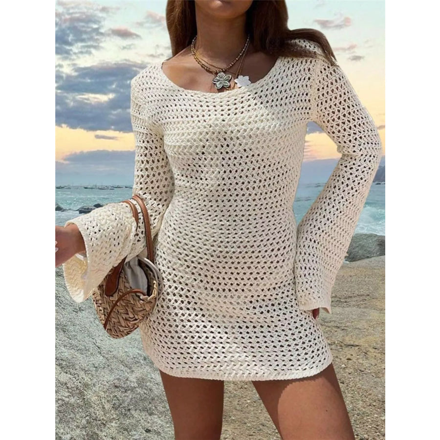 Cutout Crochet Knit Cover Up Dress Apricot / S Apparel and Accessories