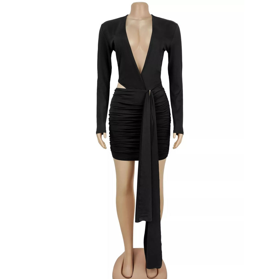 Cutout Deep V-Neck Long Sleeve Ruched Bodycon Mini Dress Apparel and Accessories