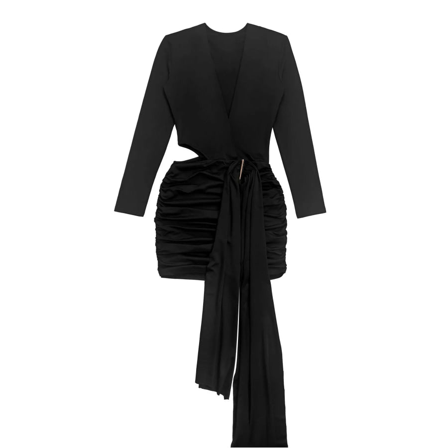 Cutout Deep V-Neck Long Sleeve Ruched Bodycon Mini Dress Apparel and Accessories