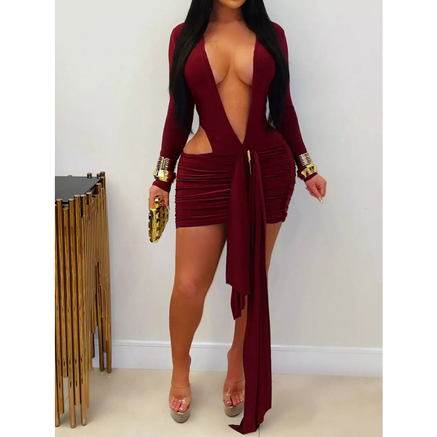 Cutout Deep V-Neck Long Sleeve Ruched Bodycon Mini Dress Burgundy / S Apparel and Accessories