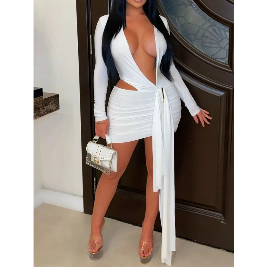 Cutout Deep V-Neck Long Sleeve Ruched Bodycon Mini Dress White / S Apparel and Accessories