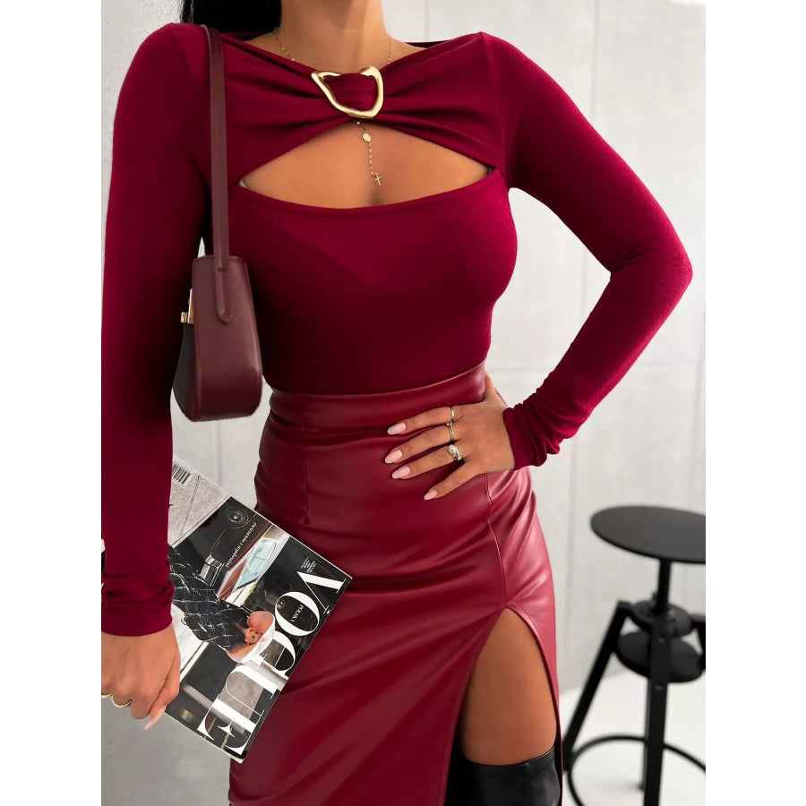 Cutout Detail Long-Sleeve T-Shirt Red / S Apparel and Accessories