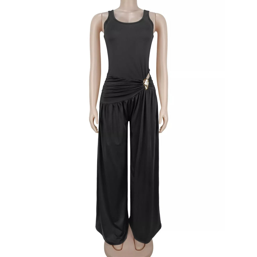 Cutout Detail Sleeveless Wide-Leg Jumpsuit Apparel and Accessories