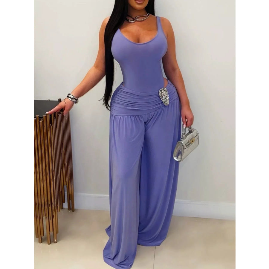 Cutout Detail Sleeveless Wide-Leg Jumpsuit Blue Purple / S Apparel and Accessories
