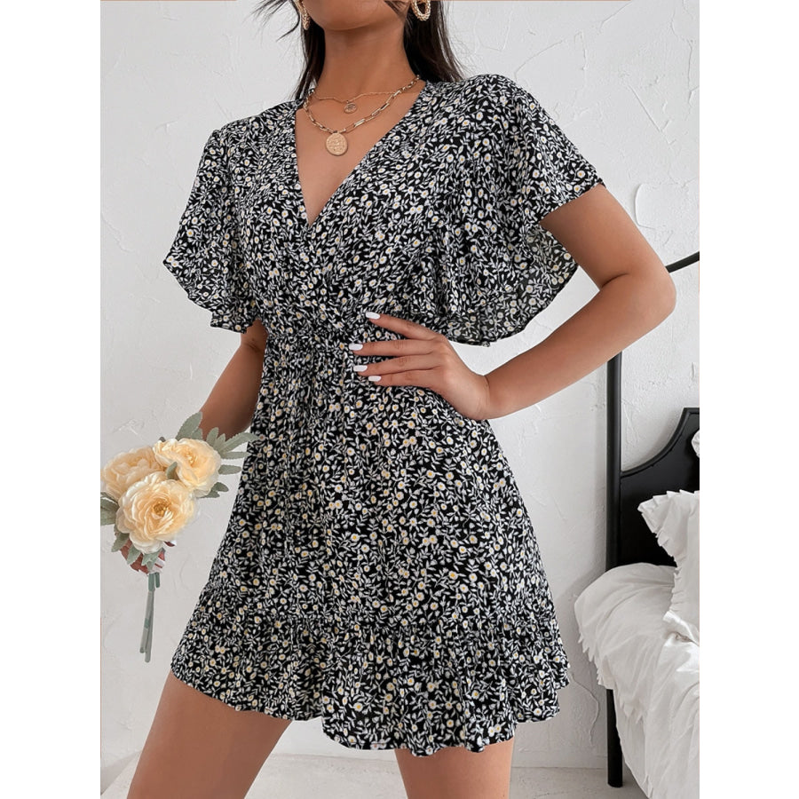 Cutout Ditsy Floral Surplice Flounce Sleeve Dress Apparel and Accessories