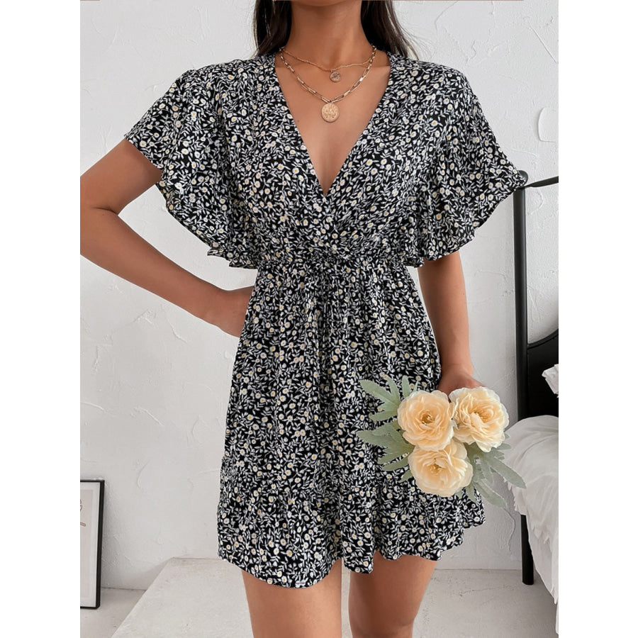 Cutout Ditsy Floral Surplice Flounce Sleeve Dress Apparel and Accessories