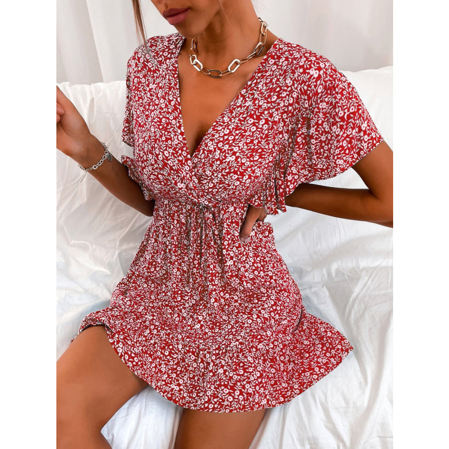 Cutout Ditsy Floral Surplice Flounce Sleeve Dress Apparel and Accessories