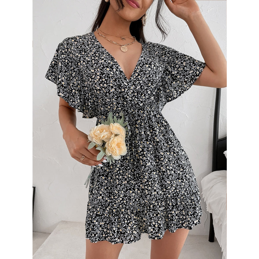 Cutout Ditsy Floral Surplice Flounce Sleeve Dress Black / S Apparel and Accessories