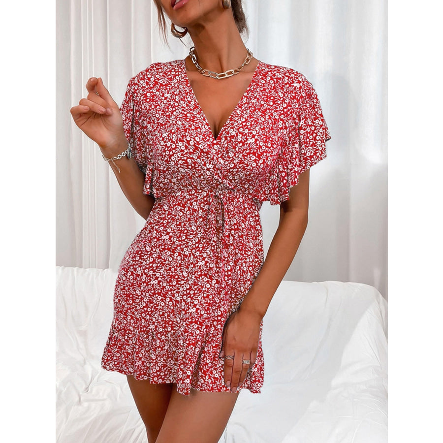 Cutout Ditsy Floral Surplice Flounce Sleeve Dress Deep Red / S Apparel and Accessories