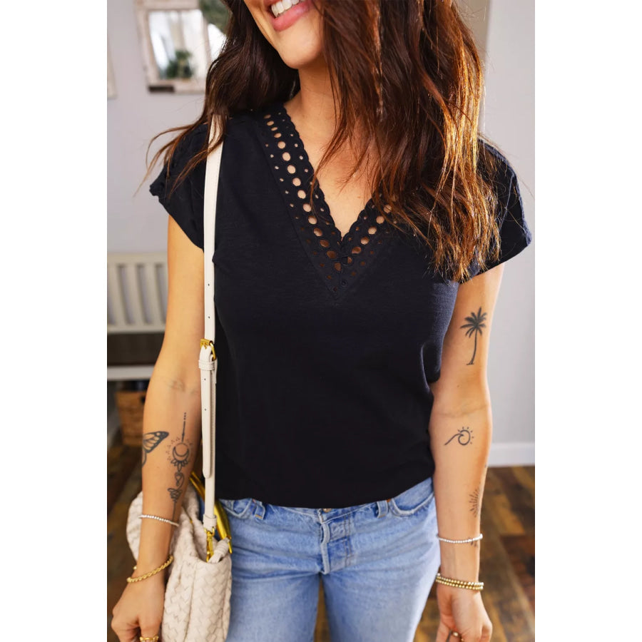 Cutout Embroidered Trim V Neck Cap Sleeve Tee Apparel and Accessories