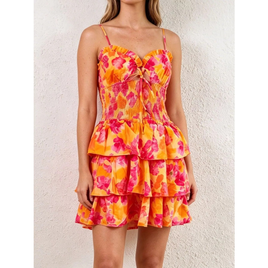Cutout Floral Print Ruffle Layered Mini Dress Orange / XS Apparel and Accessories