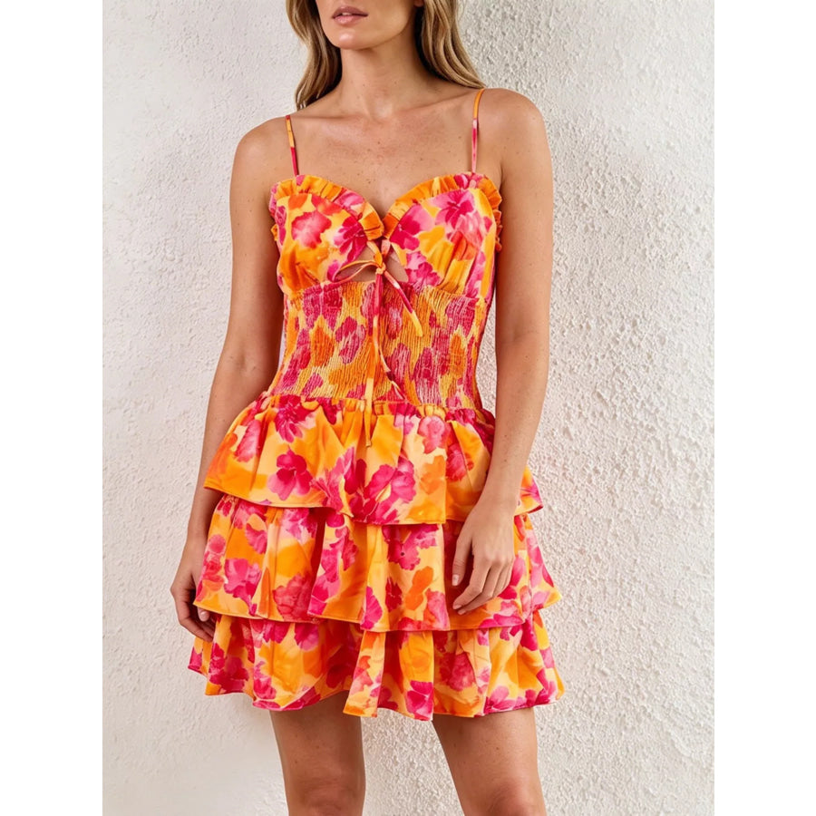 Cutout Floral Print Ruffle Layered Mini Dress Orange / XS Apparel and Accessories