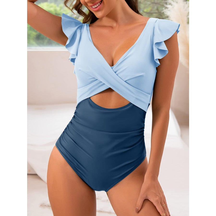 Cutout Flounce Sleeve One - Piece Swimwear Misty Blue / S Apparel and Accessories