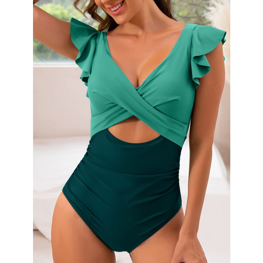 Cutout Flounce Sleeve One - Piece Swimwear Teal / S Apparel and Accessories