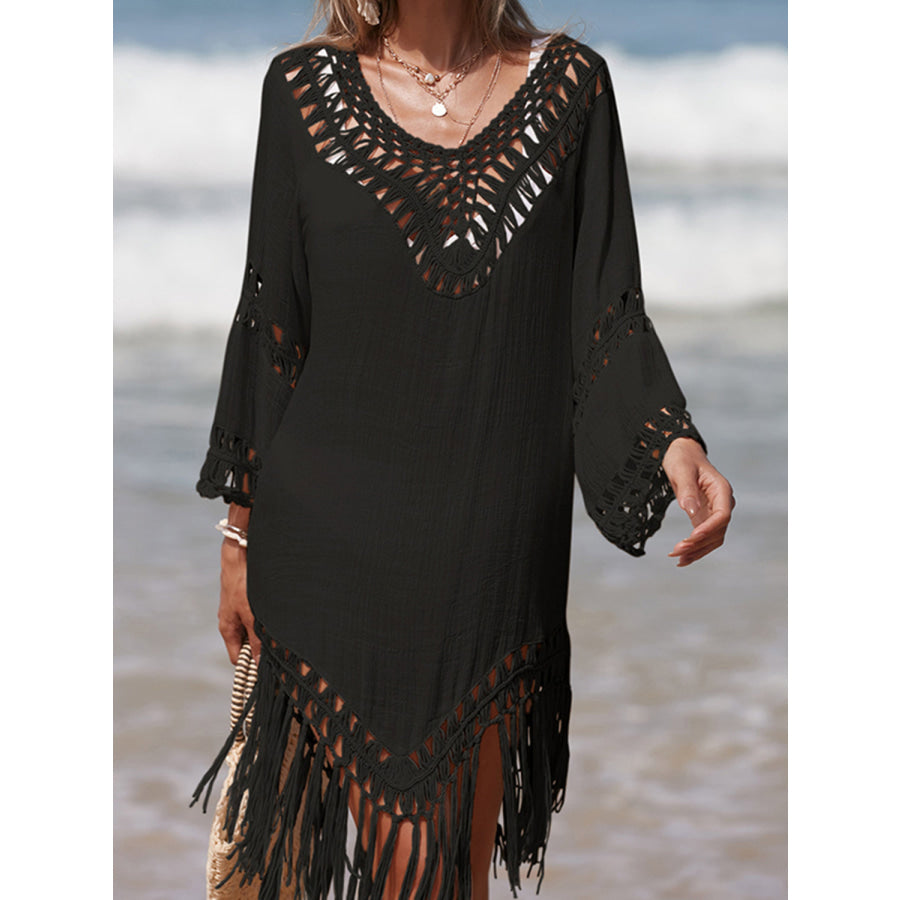 Cutout Fringe Scoop Neck Cover-Up Black / One Size Apparel and Accessories