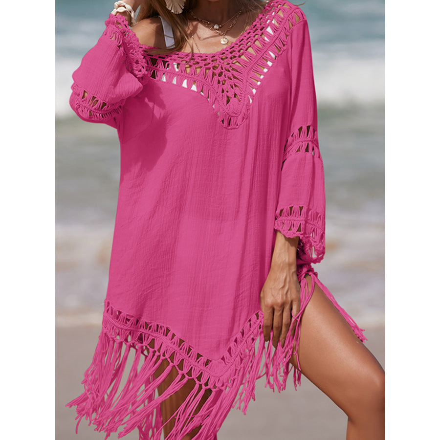 Cutout Fringe Scoop Neck Cover-Up Hot Pink / One Size Apparel and Accessories