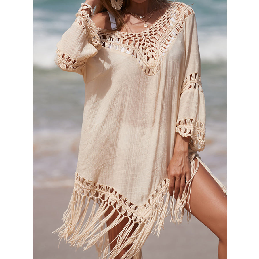 Cutout Fringe Scoop Neck Cover-Up Sand / One Size Apparel and Accessories