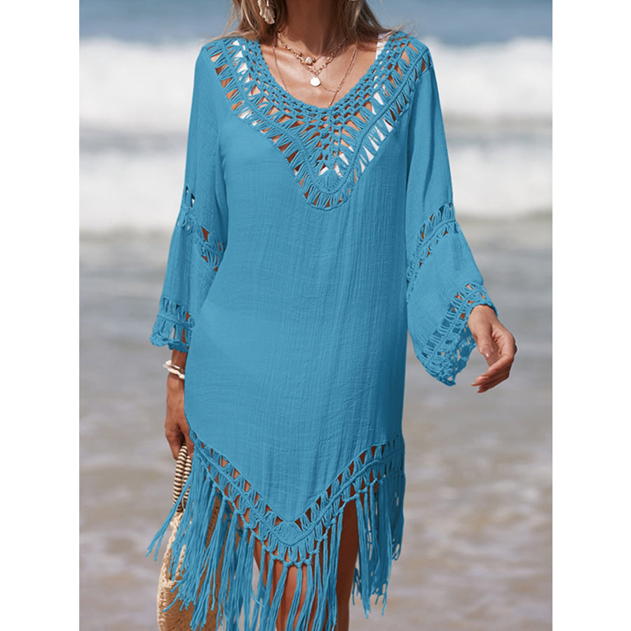 Cutout Fringe Scoop Neck Cover-Up Sky Blue / One Size Apparel and Accessories