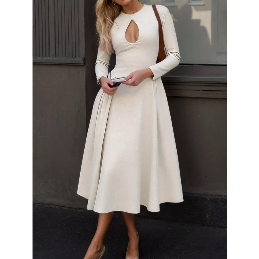 Cutout Front Long Sleeve A-Line Dress Cream / S Apparel and Accessories